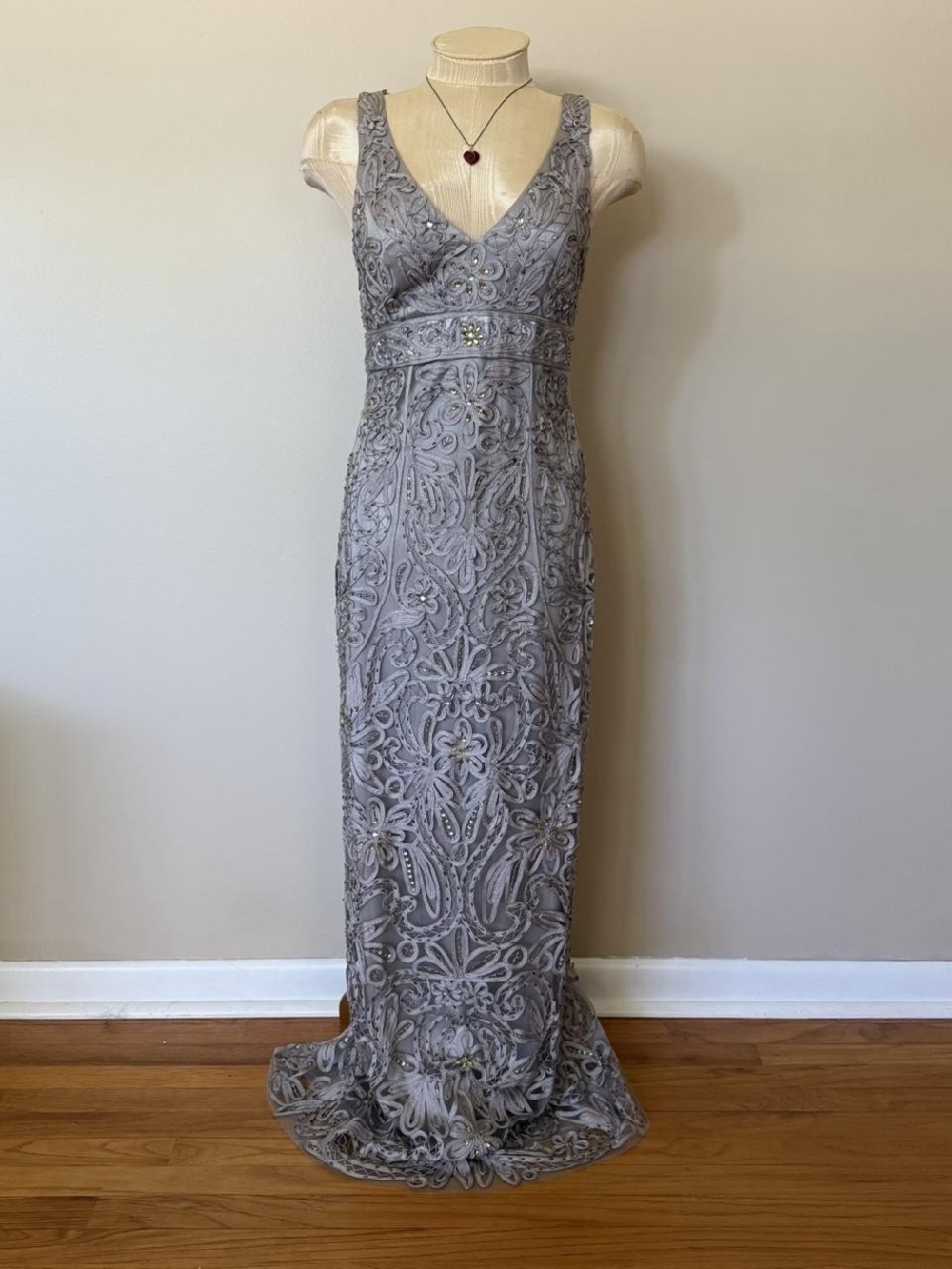 Y2K Sue Wong Silvery Gray Ribbon Beaded Sleeveless Maxi Dress Sz 6 Womens
